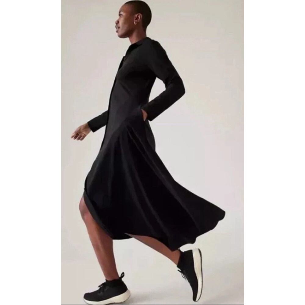ATHLETA Blk Cosmic Layer Italian Eurolux Button Front Maxi Dress Sz L Minimalist